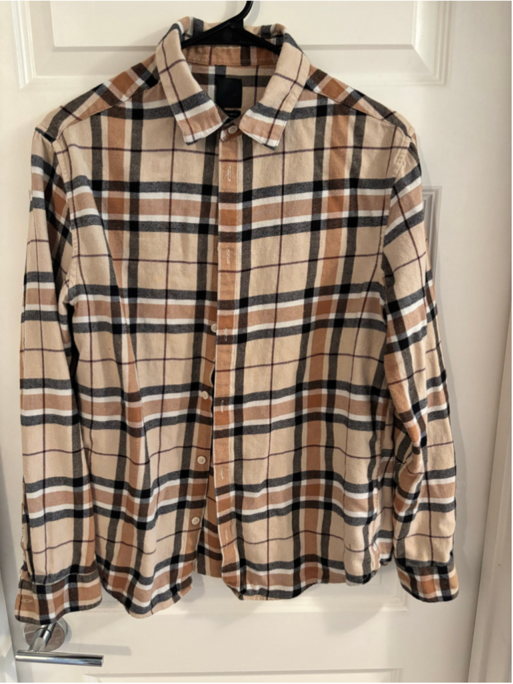 Vintage Men's H&M Casual Button Down Shirt, Size M, Beige and Black Plaid